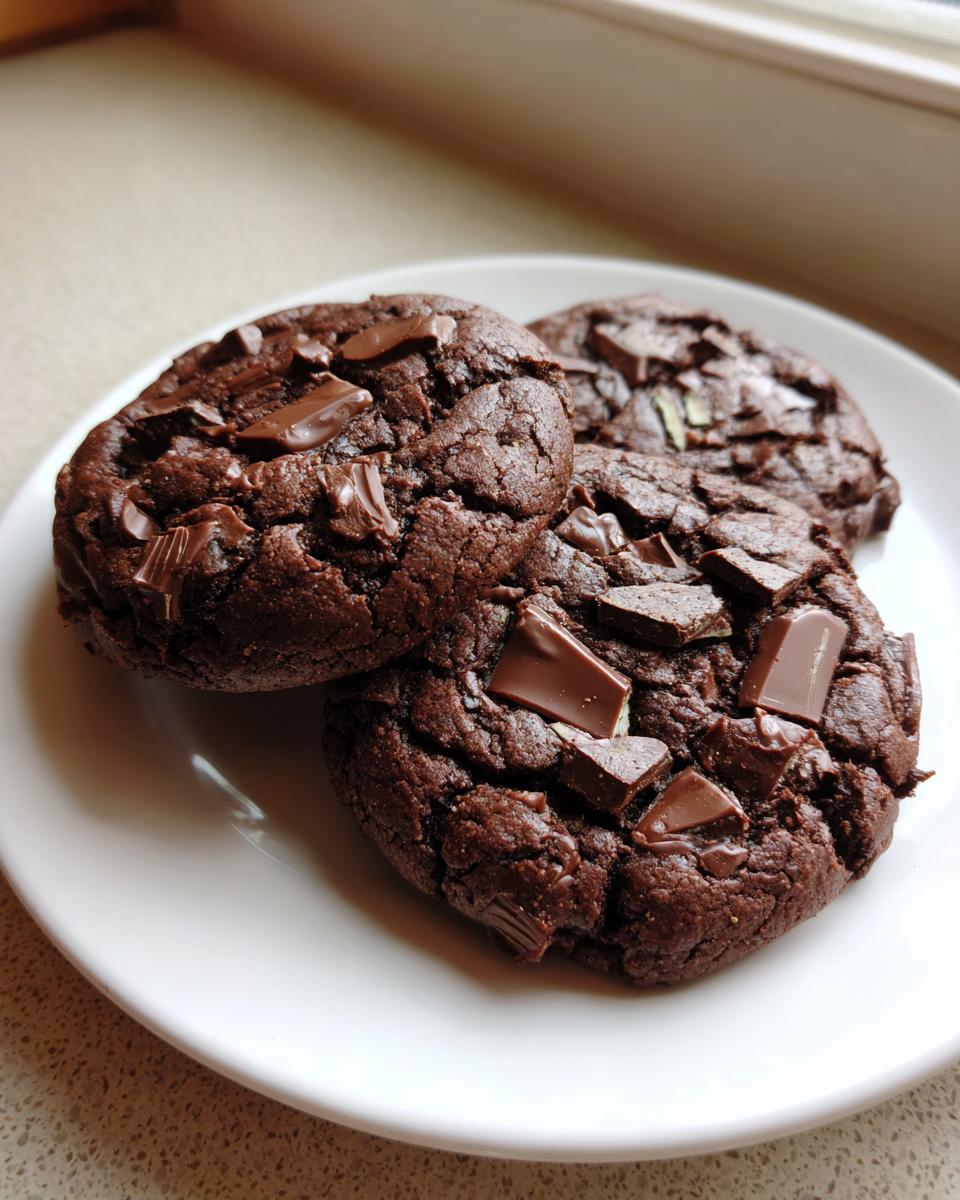Close-up of three rich, dark chocolate Andes Mint Cookies topped with chocolate chunks on a white plate.