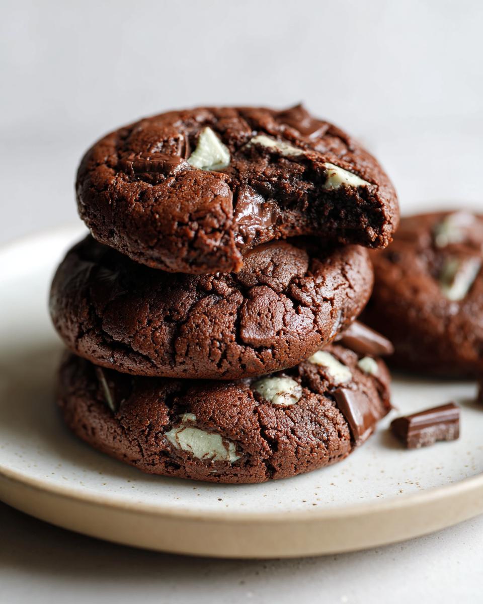A stack of three rich, dark chocolate Andes Mint cookies, one with a bite taken out showing melted chocolate.