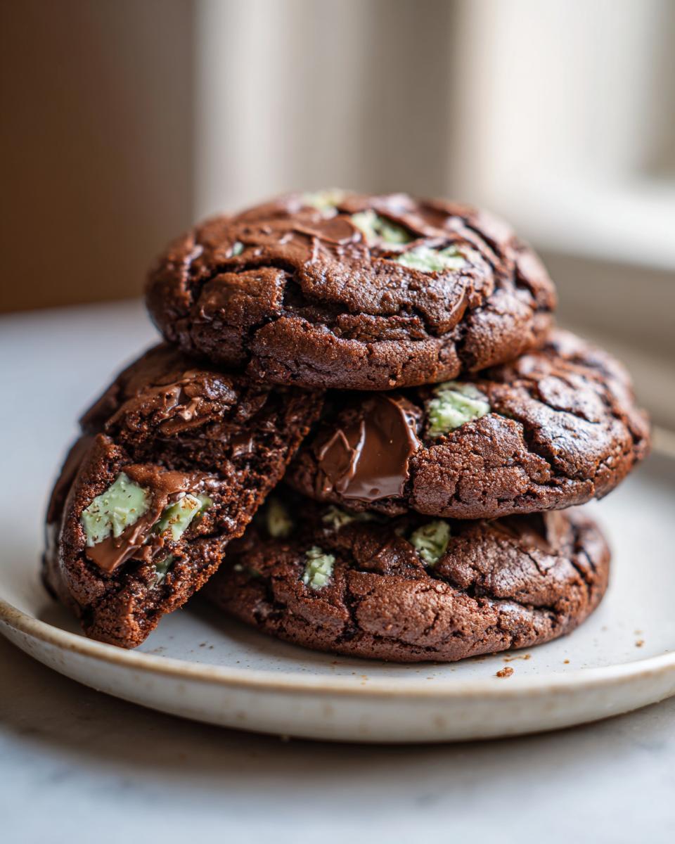 A stack of three rich, dark chocolate Andes Mint cookies, one broken open to show the gooey interior and green mint chips.