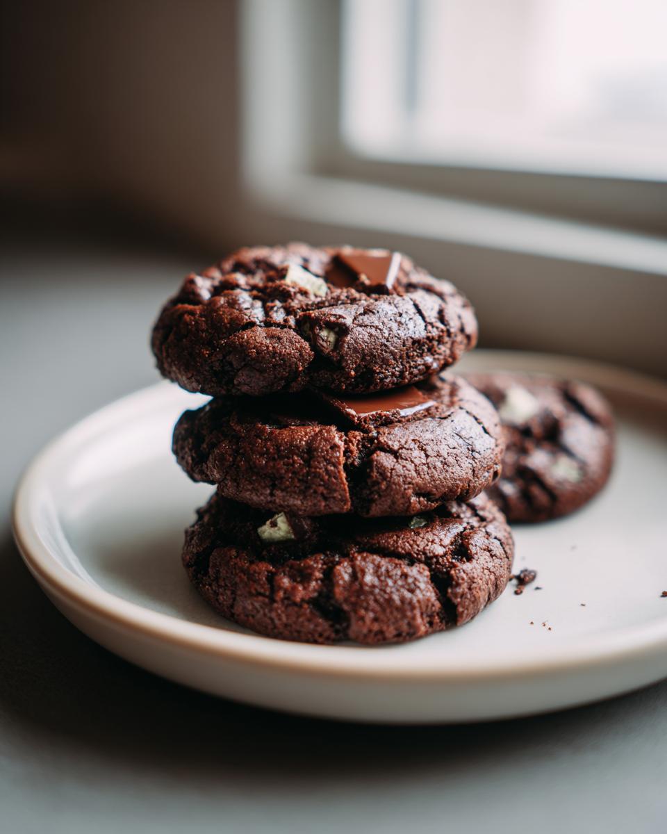A stack of three rich, dark chocolate Andes Mint Cookies with visible mint chips and melting chocolate pieces.