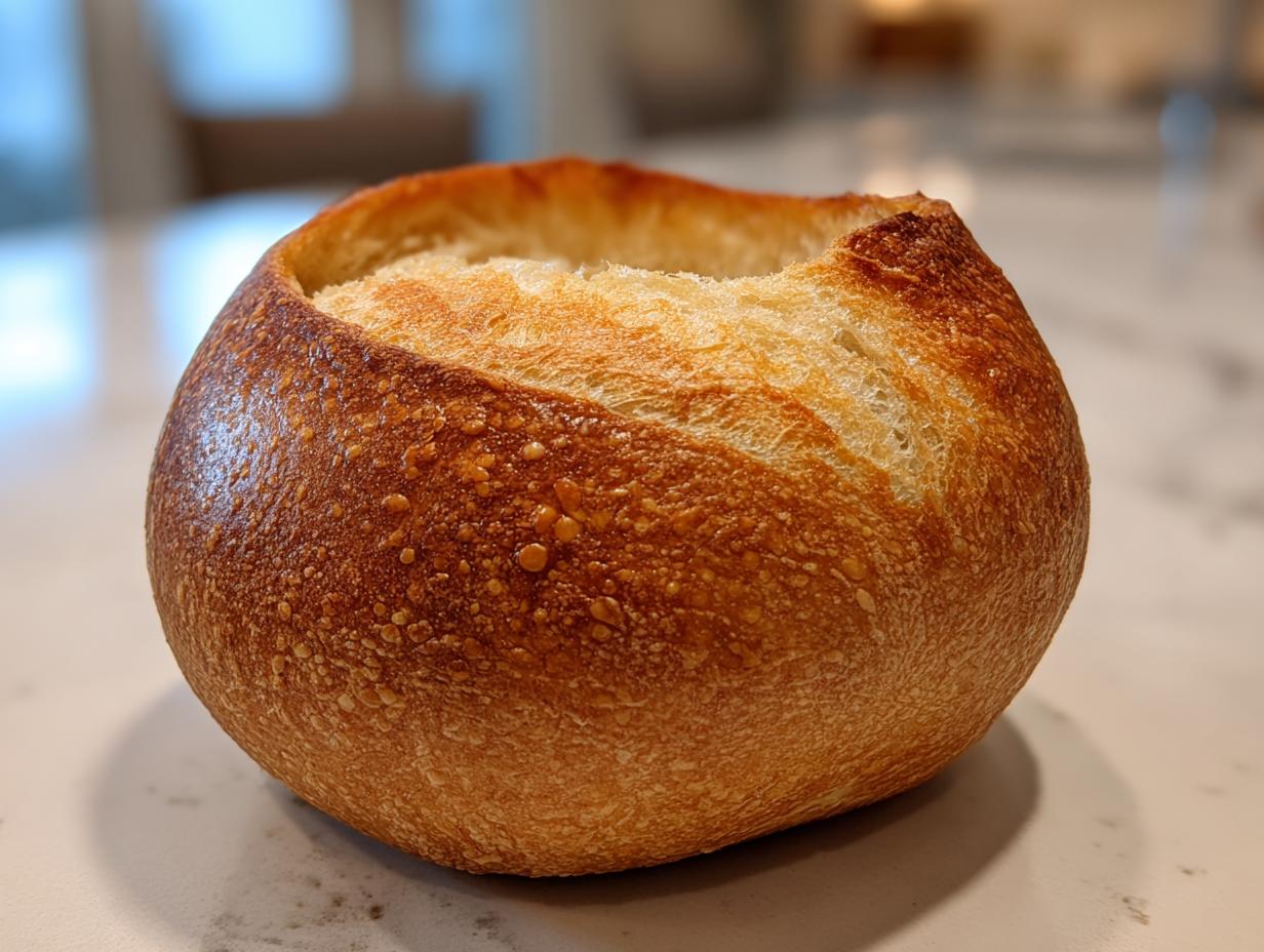 Close-up of a freshly baked, round bread bowl with a golden-brown, blistered crust, ready to hold soup.