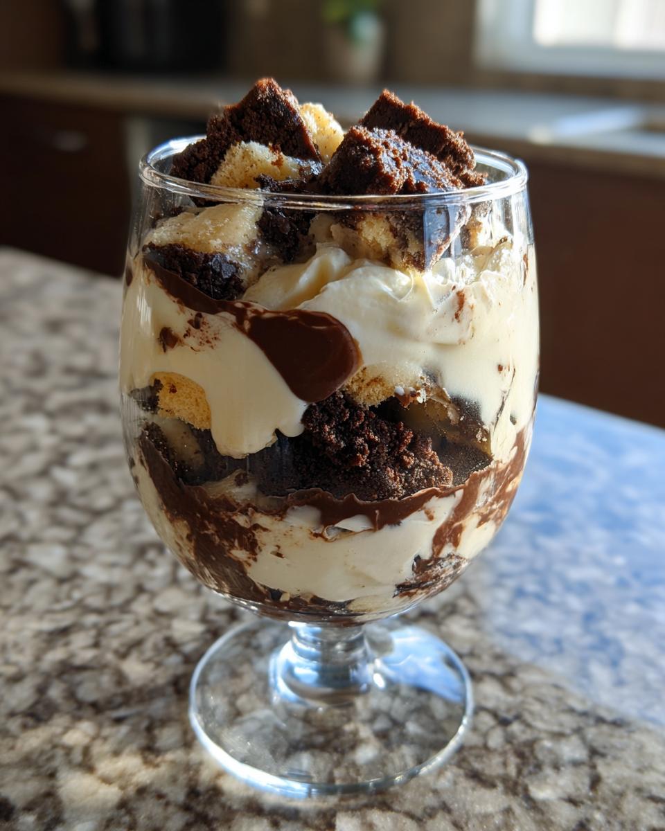 Close-up of a layered Baileys Chocolate Cheesecake Trifle featuring chocolate cake pieces and creamy filling in a stemmed glass.