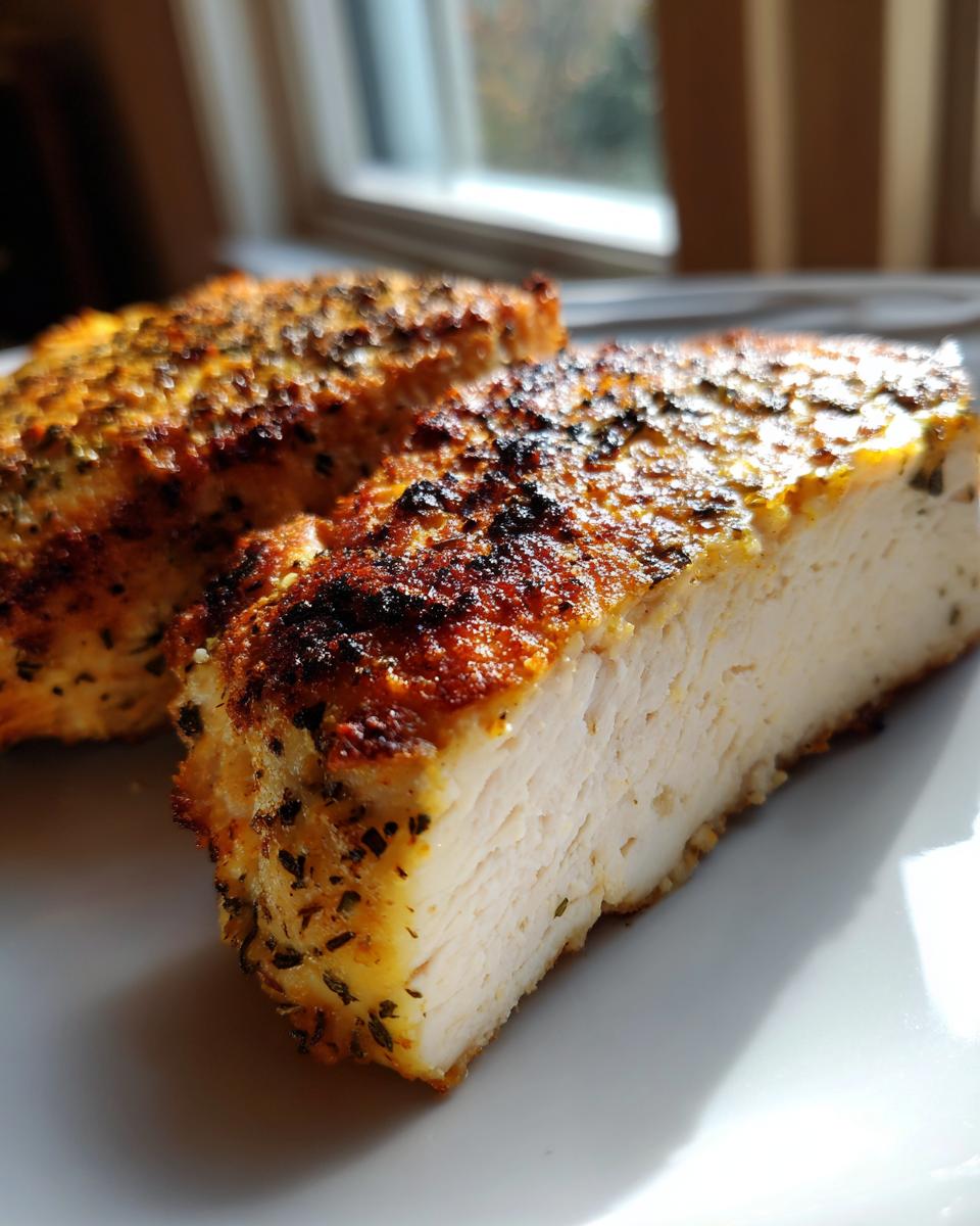 Close-up of a perfectly cooked baked ranch chicken breast, sliced to show the moist white interior and seasoned, golden-brown crust.