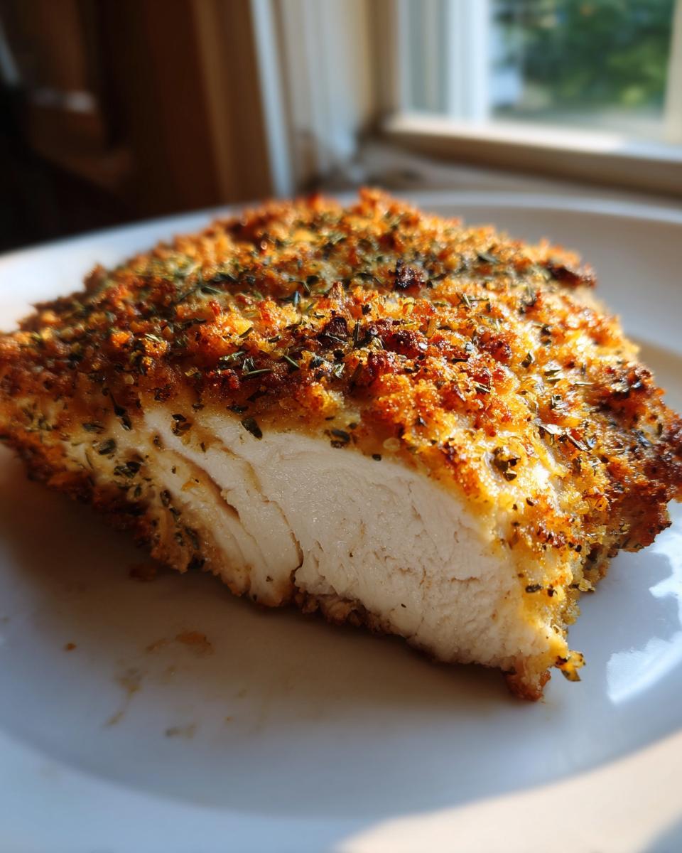 Close-up of a slice of baked ranch chicken showing juicy white meat and a golden, herbed crust.