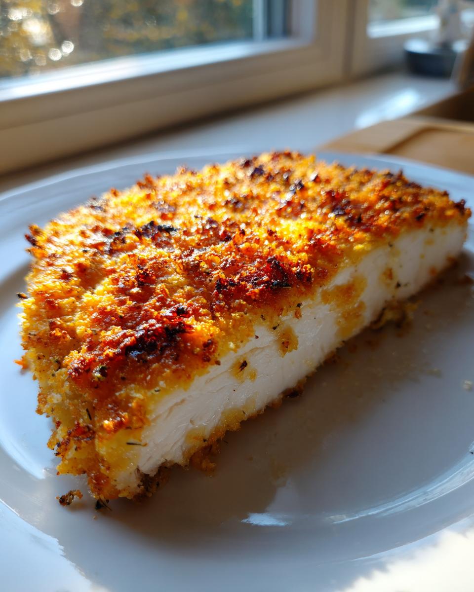 A close-up cross-section of juicy baked ranch chicken with a golden, crispy crust served on a white plate.