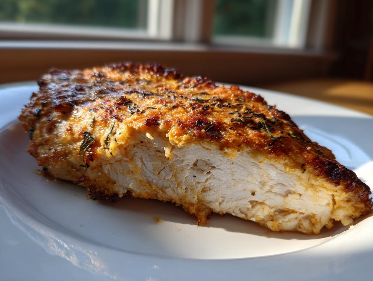Cross-section of a juicy baked ranch chicken breast showing a golden, herbed crust and moist white interior.