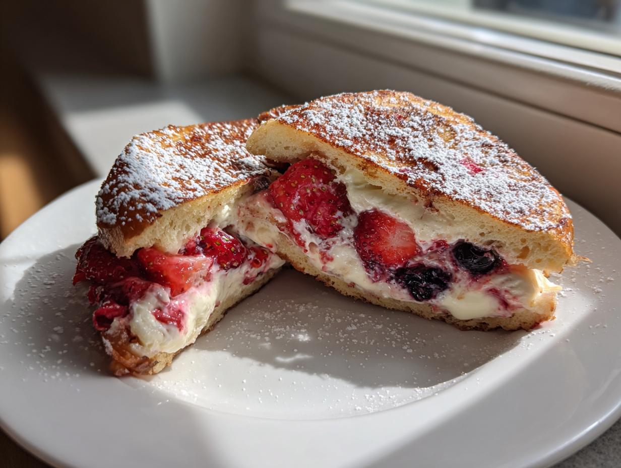 Two halves of berry stuffed french toast overflowing with cream cheese and fresh strawberries and blueberries, dusted with powdered sugar.