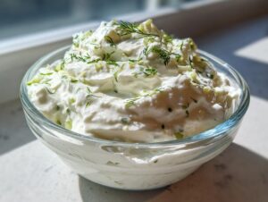 A close-up of creamy homemade tartar sauce, garnished with fresh dill and chopped pickles, served in a clear glass bowl.