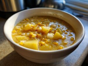 Close-up of a hearty bowl of creamy corn chowder recipe, featuring bright yellow corn kernels and chunks of potato.