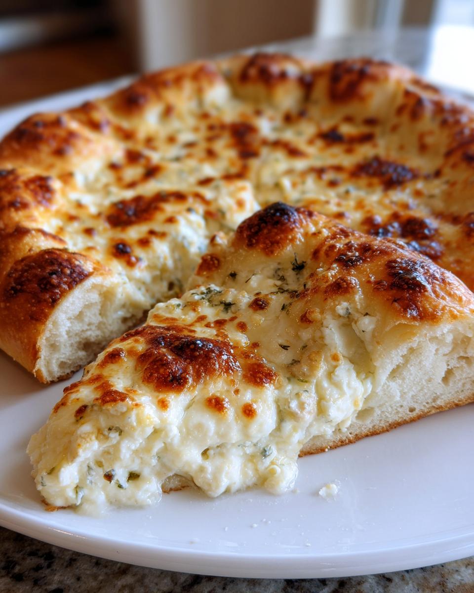 A close-up of a slice of rich white pizza, showing the thick, creamy ricotta filling oozing out next to the main white pizza.