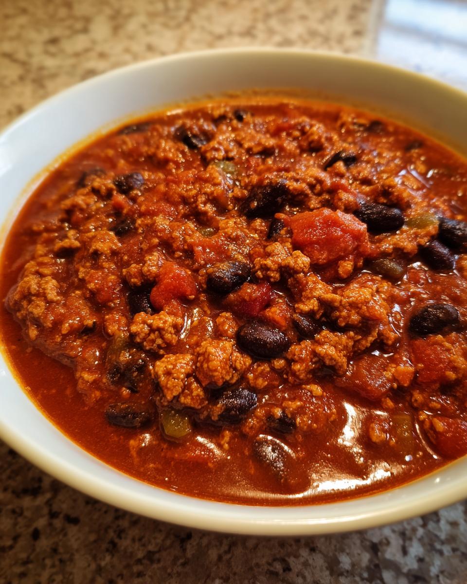 Close-up of a white bowl filled with hearty, rich high protein chili featuring ground meat, black beans, and tomatoes.