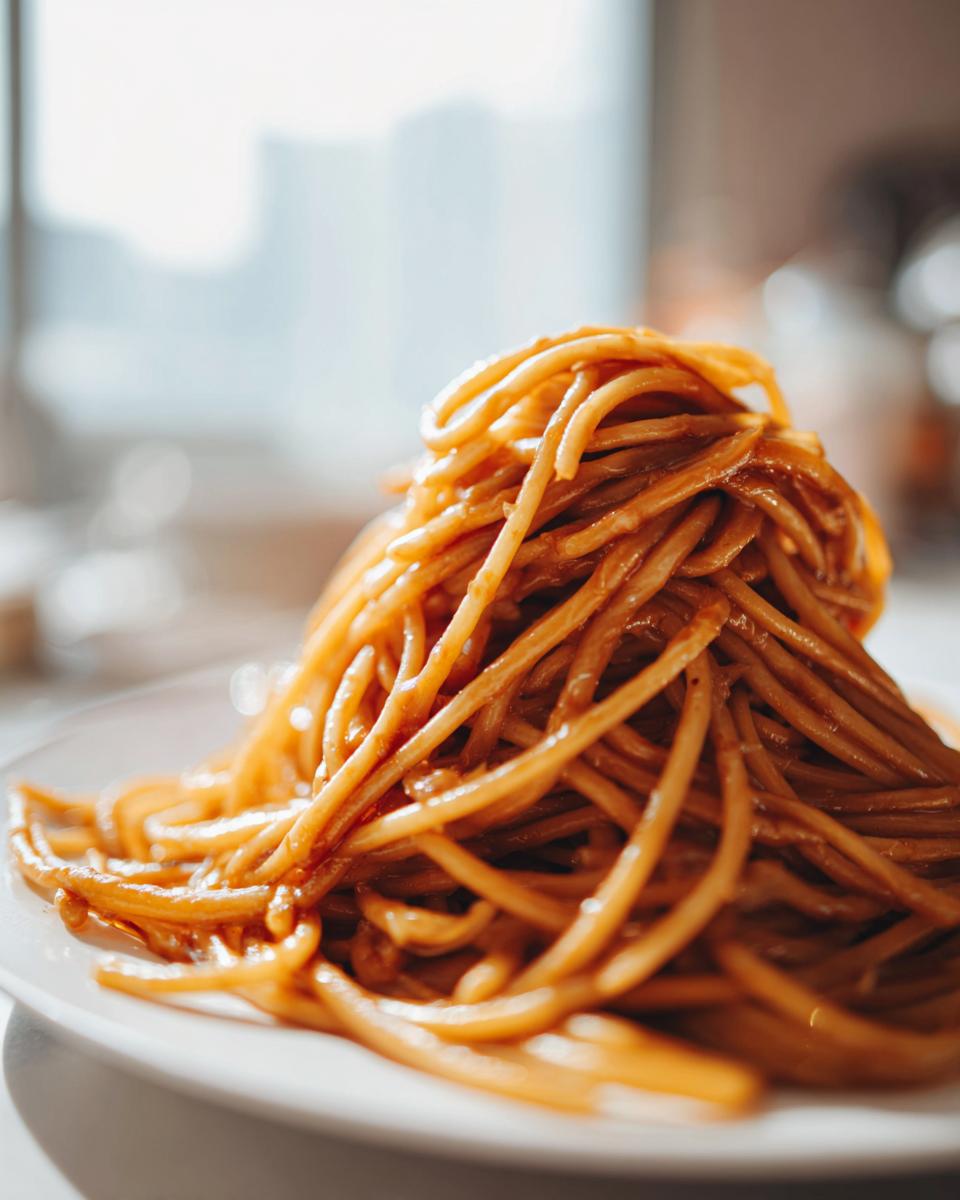 A close-up mound of spaghetti tossed in a rich, brown sauce, representing caramelized onion pasta, served on a white plate.