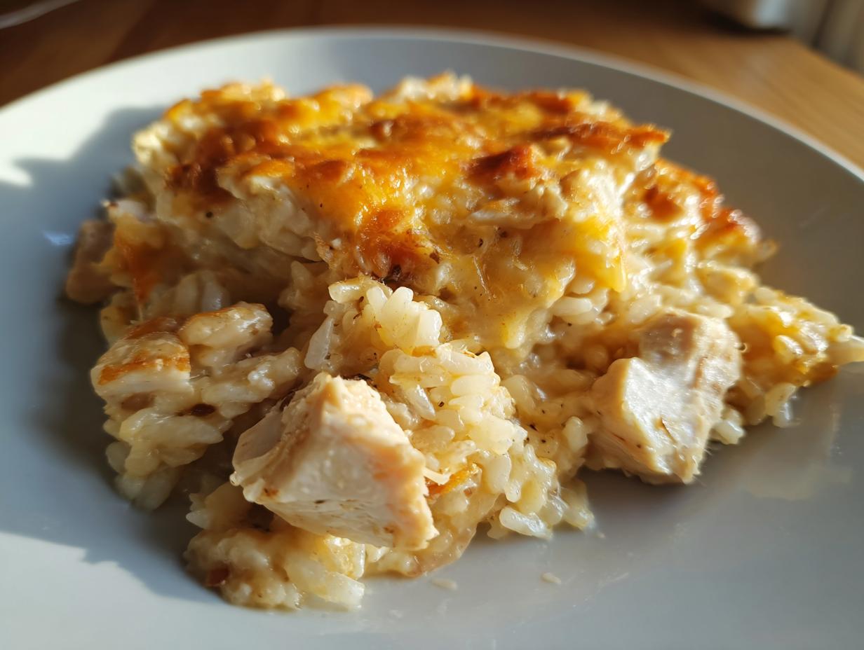 A close-up serving of creamy chicken and rice topped with melted, golden-brown cheese.