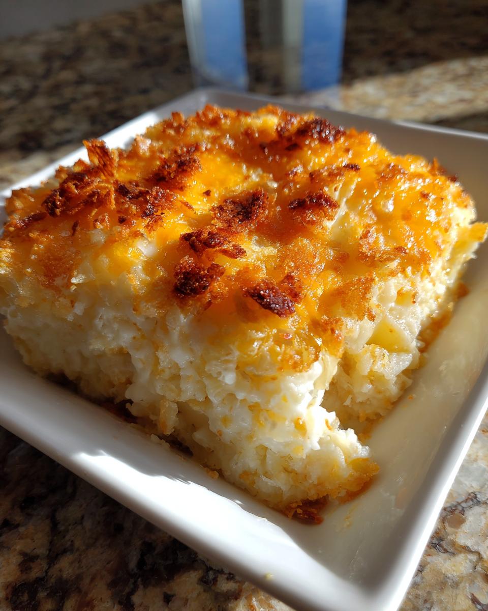 A square serving of creamy potato casserole topped with melted, browned cheddar cheese.