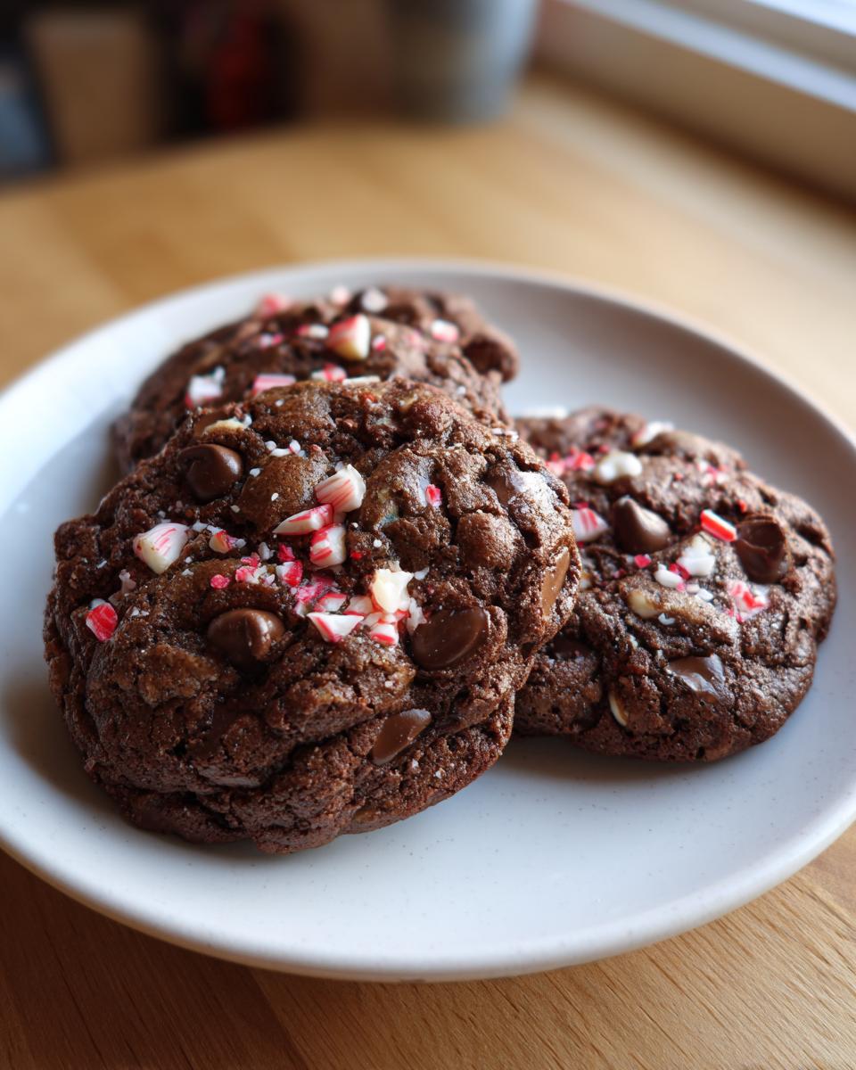 Three chewy, dark chocolate peppermint chocolate chip cookies topped with crushed candy canes on a light plate.