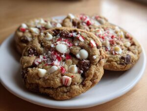 Three chewy peppermint chocolate chip cookies topped with white chocolate chips and crushed candy canes on a white plate.