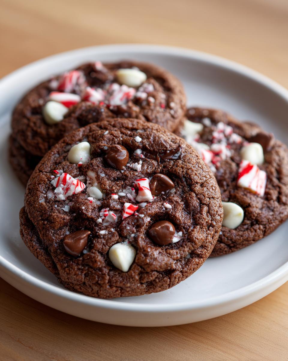 Close-up of three chewy peppermint chocolate chip cookies topped with white chocolate chips and crushed candy canes.