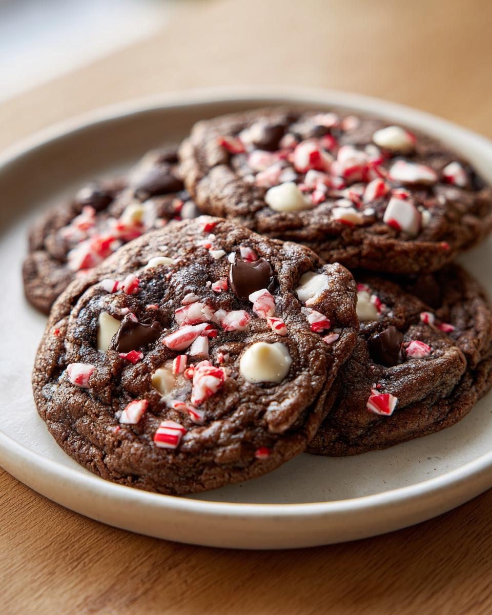 Close-up of several chewy peppermint chocolate chip cookies topped with white chocolate chips and crushed candy canes.
