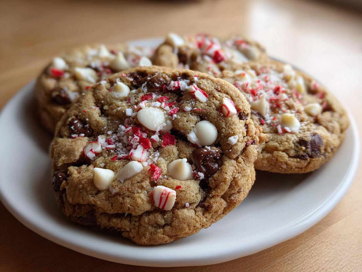 Three chewy peppermint chocolate chip cookies topped with white chocolate chips and crushed candy canes on a white plate.