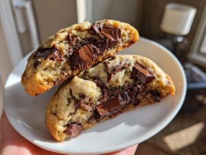 A chewy sourdough chocolate chip cookie broken in half showing a gooey, melted chocolate center.