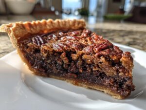 A close-up slice of decadent chocolate bourbon pecan pie showing the flaky crust and rich, gooey filling topped with pecans.