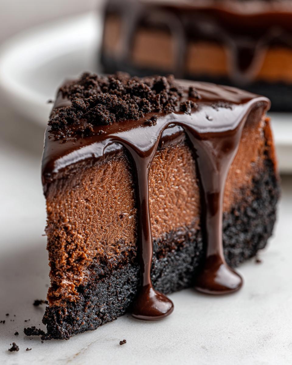 A close-up of a rich slice of chocolate cheesecake with a thick dark chocolate fudge drizzle and cookie crumbs.