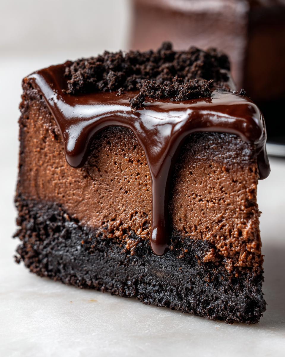 A close-up of a rich slice of chocolate cheesecake topped with dripping chocolate ganache and cookie crumbs.