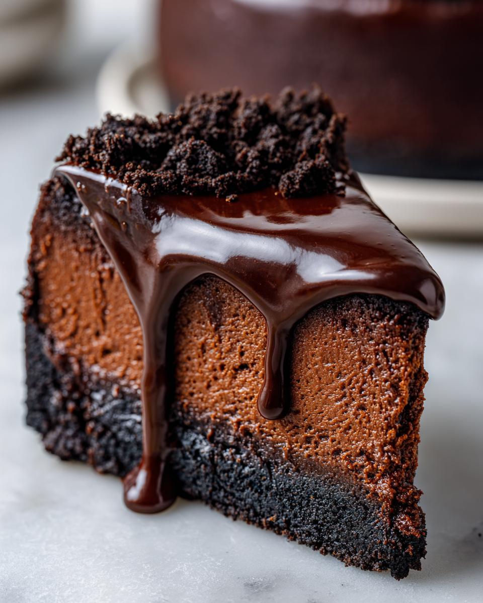 A close-up slice of rich chocolate cheesecake topped with glossy chocolate ganache drip and cookie crumbs.