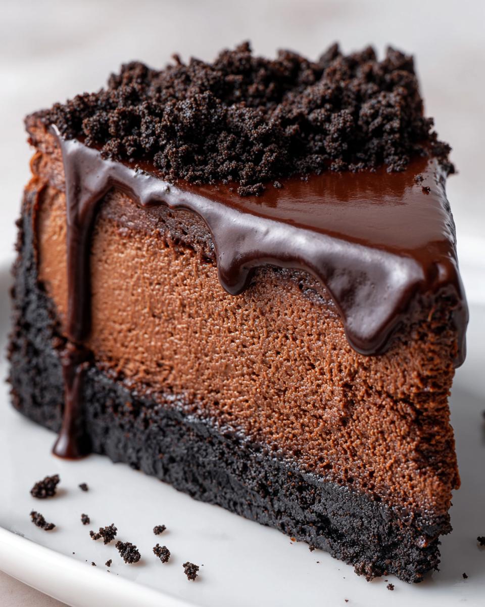 A decadent slice of chocolate cheesecake with a thick dark crust, topped with chocolate ganache and cookie crumbs.