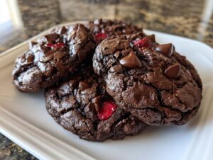 Close-up of fudgy chocolate cherry cookies studded with chocolate chips and bright red dried cherries.