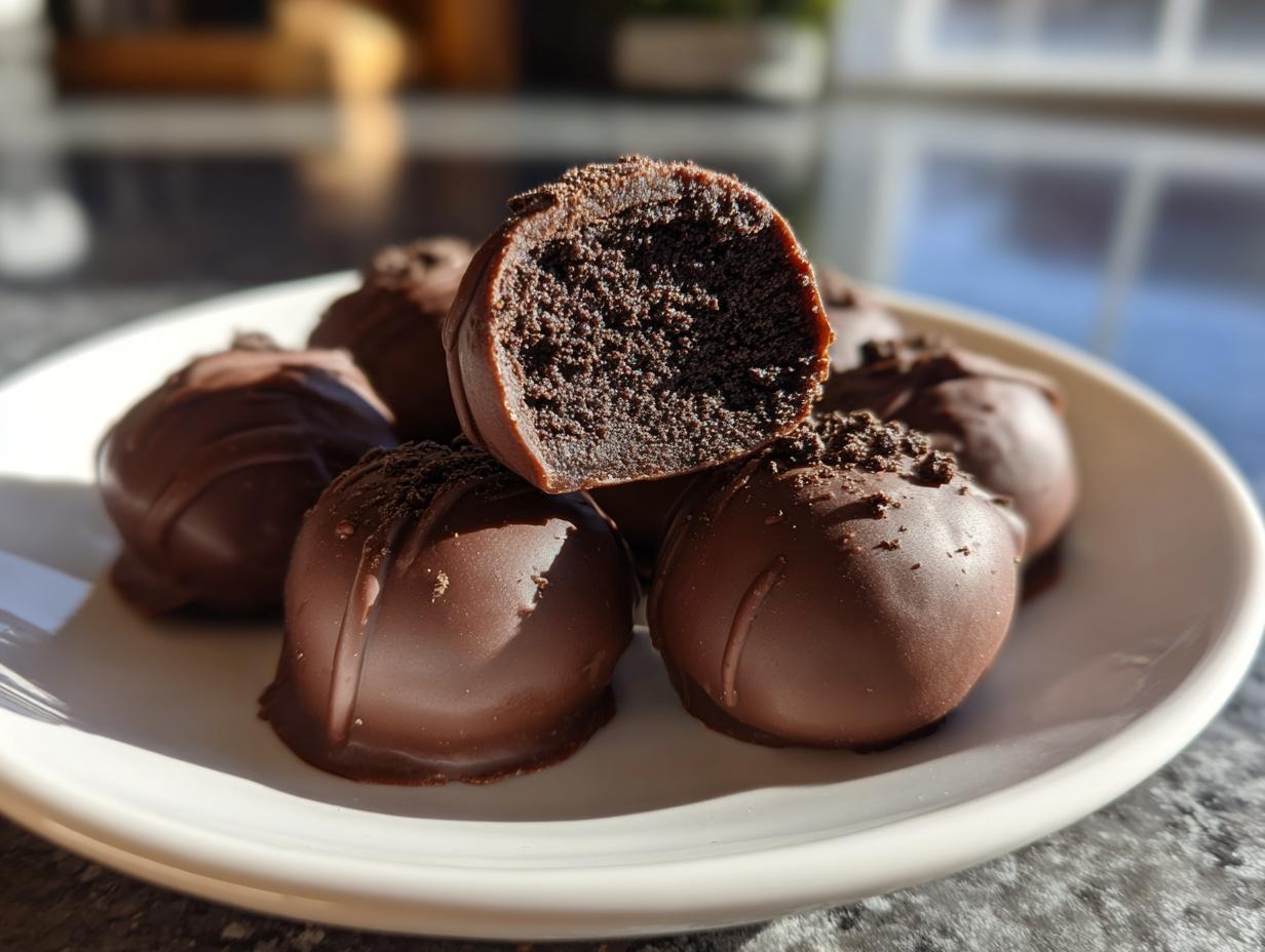 A plate of rich, chocolate-covered Oreo balls, one cut in half showing the dark, dense interior.