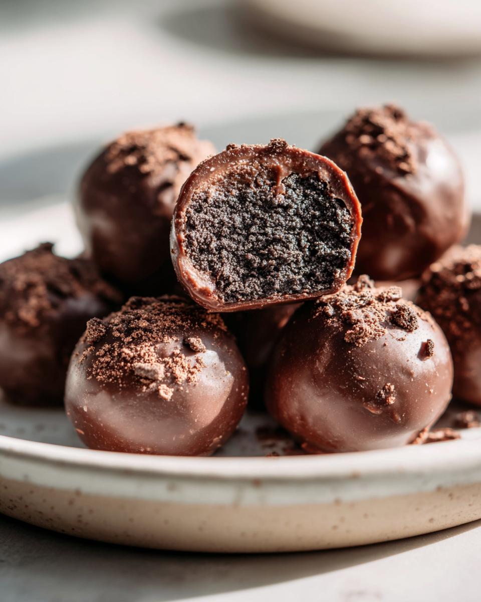 A pile of chocolate-dipped Oreo balls, one cut in half showing the dark, crumbly filling.