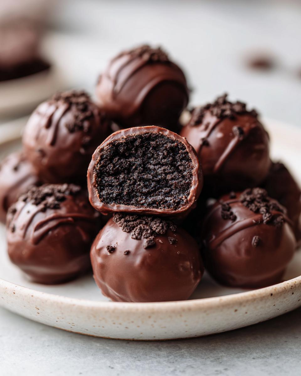 A stack of rich, chocolate-dipped Oreo balls, one cut in half showing the dark, crumbly filling.