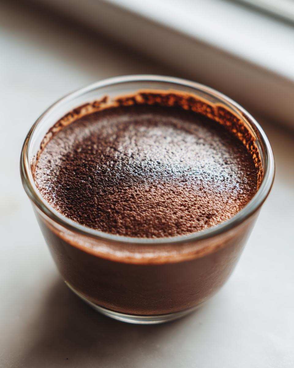 Close-up of rich, dark chocolate mousse dusted with cocoa powder in a small glass.