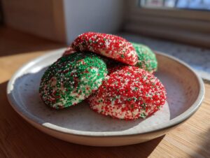 A small stack of soft, round christmas sprinkle cookies coated heavily in red, green, and white nonpareils.