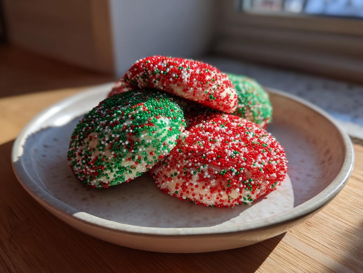 A small stack of soft, round christmas sprinkle cookies coated heavily in red, green, and white nonpareils.