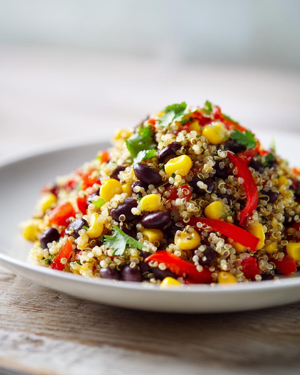 Close-up of a vibrant cilantro lime quinoa salad mixed with black beans, yellow corn, and red bell peppers.