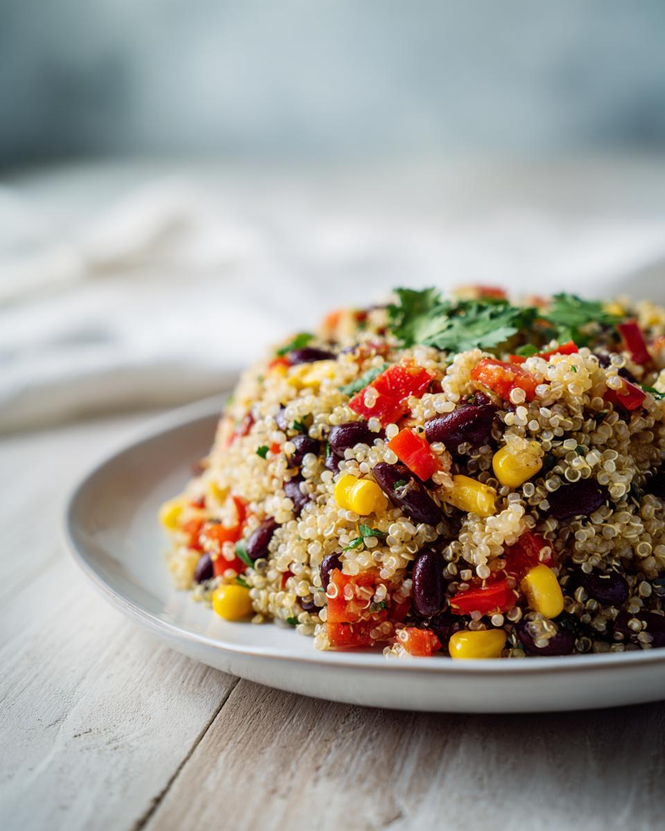 Close-up of a mound of cilantro lime quinoa salad mixed with black beans, corn, and red peppers, garnished with fresh cilantro.