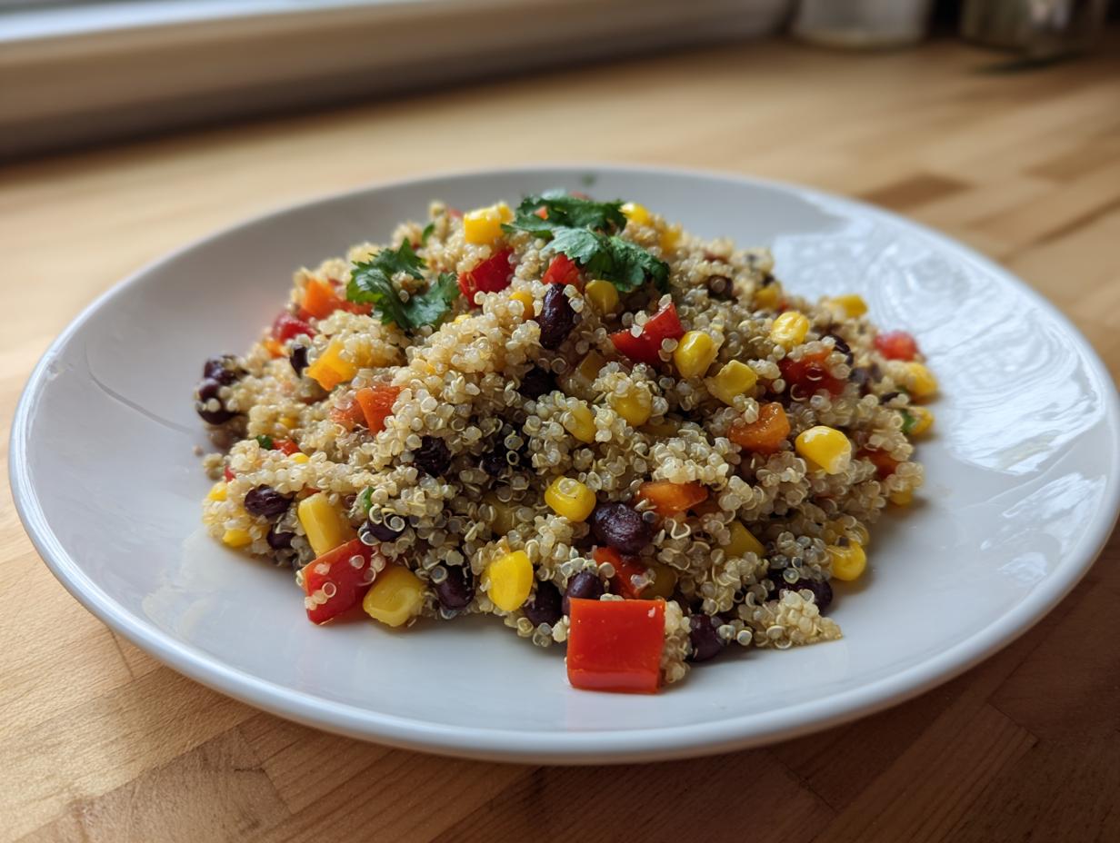 A serving of colorful cilantro lime quinoa salad mixed with black beans, corn, and bell peppers on a white plate.