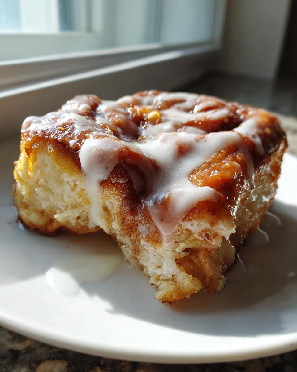 A single, gooey cinnamon roll with a thick white glaze, sitting on a white plate near a sunny window.