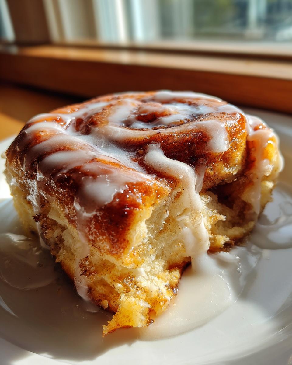 A close-up, sunlit image of a soft cinnamon roll topped with thick white icing, pooling slightly with heavy cream.