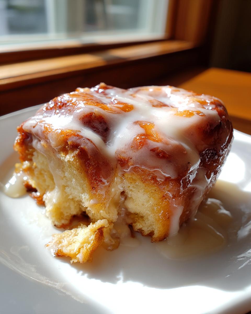 A single, gooey cinnamon roll topped with thick white icing, sitting on a white plate, showing the soft interior.