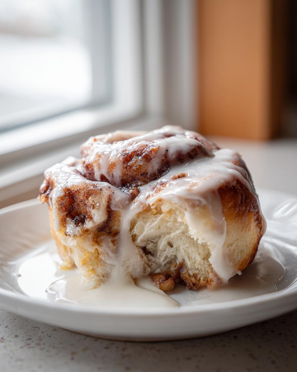 A close-up of a soft, gooey cinnamon roll with heavy cream icing dripping onto a white plate.