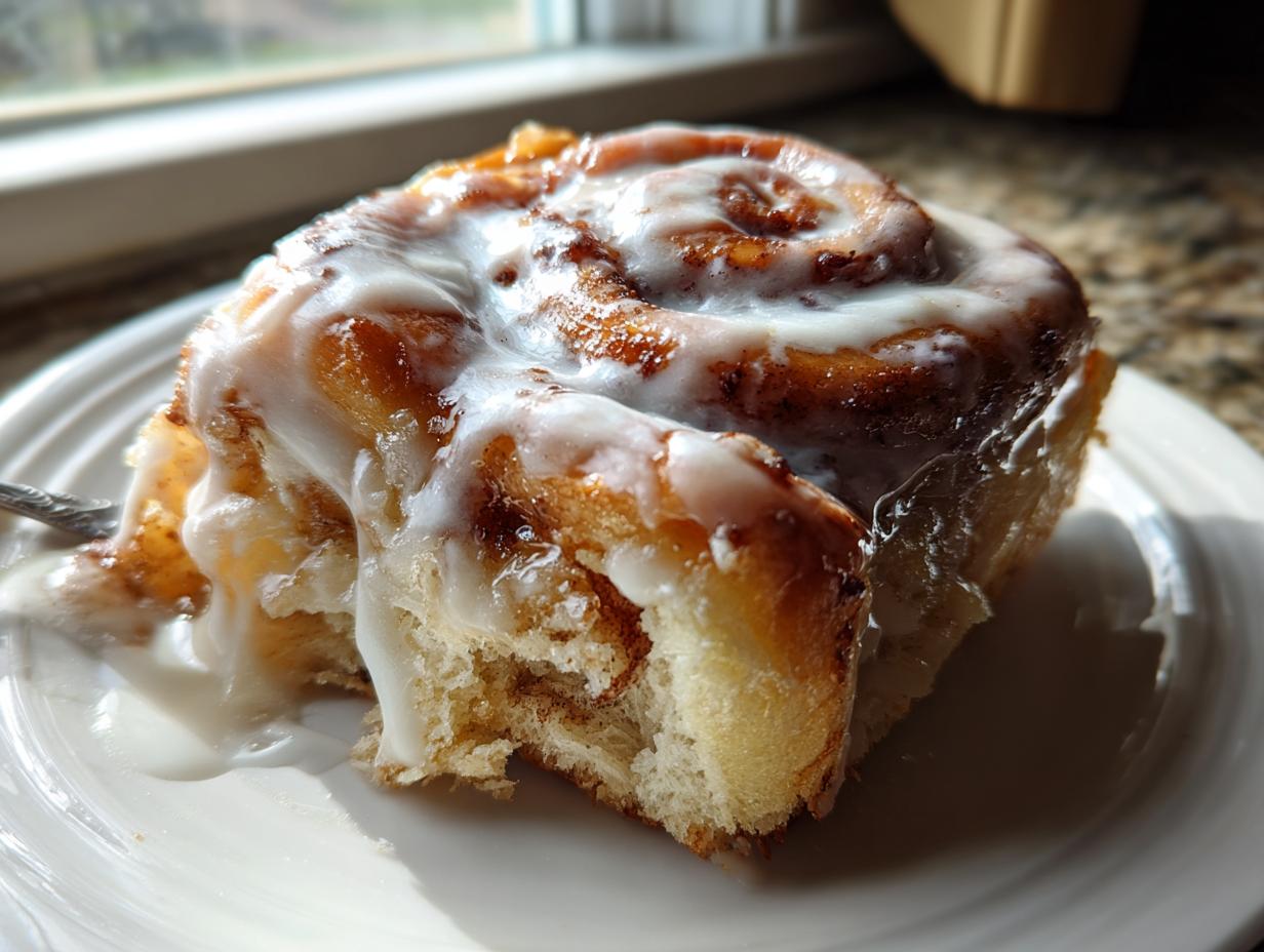 Close-up of a soft, gooey cinnamon roll generously topped with white icing, a perfect example of cinnamon rolls with heavy cream secrets.