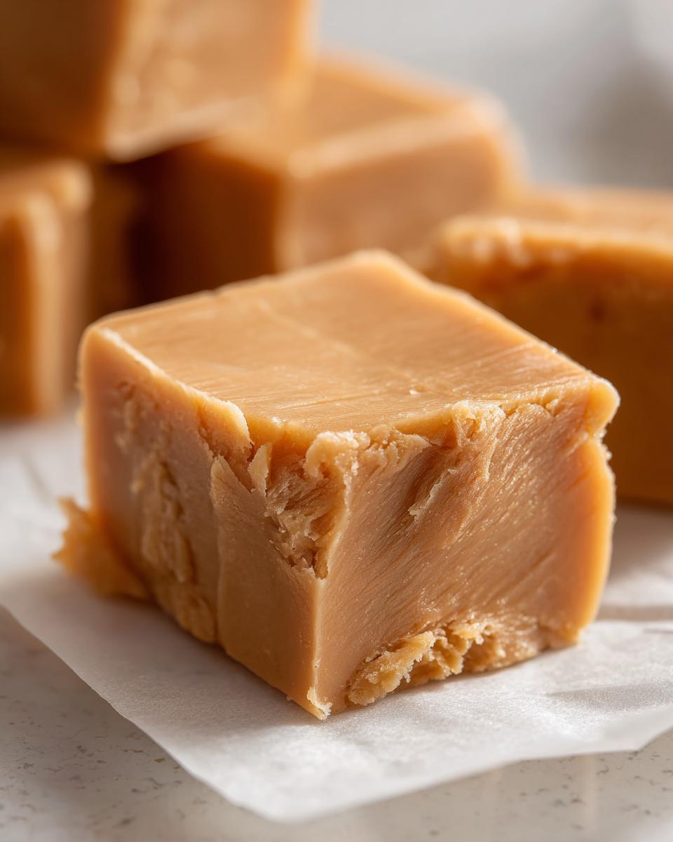 A close-up, macro shot of a single, light brown square of creamy penuche fudge resting on white parchment paper.