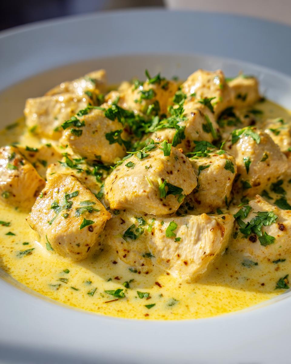 Close-up of tender chunks of coconut lime chicken in a rich, yellow, creamy sauce, garnished with fresh parsley.