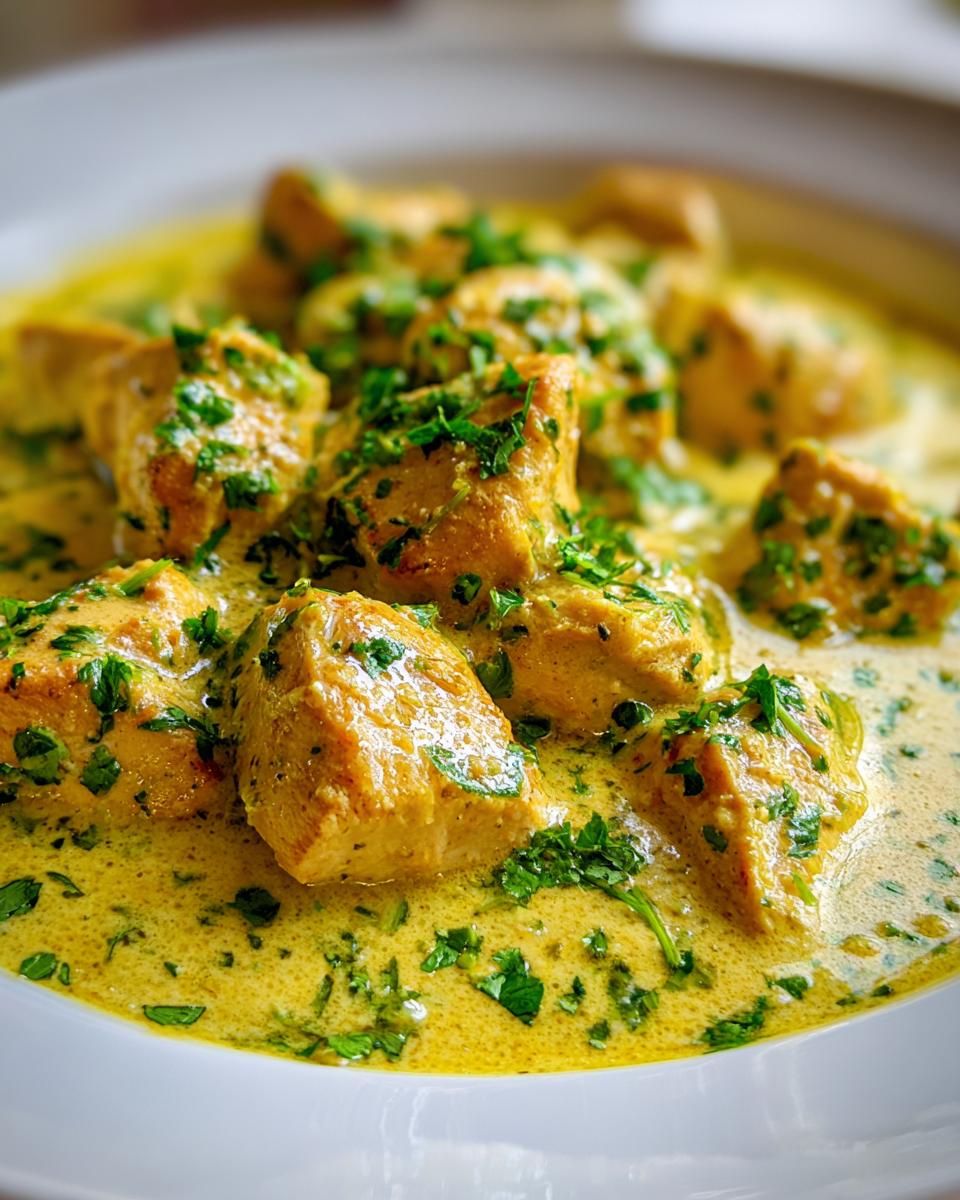 Close-up of tender chunks of coconut lime chicken coated in a creamy yellow sauce and sprinkled with fresh parsley.