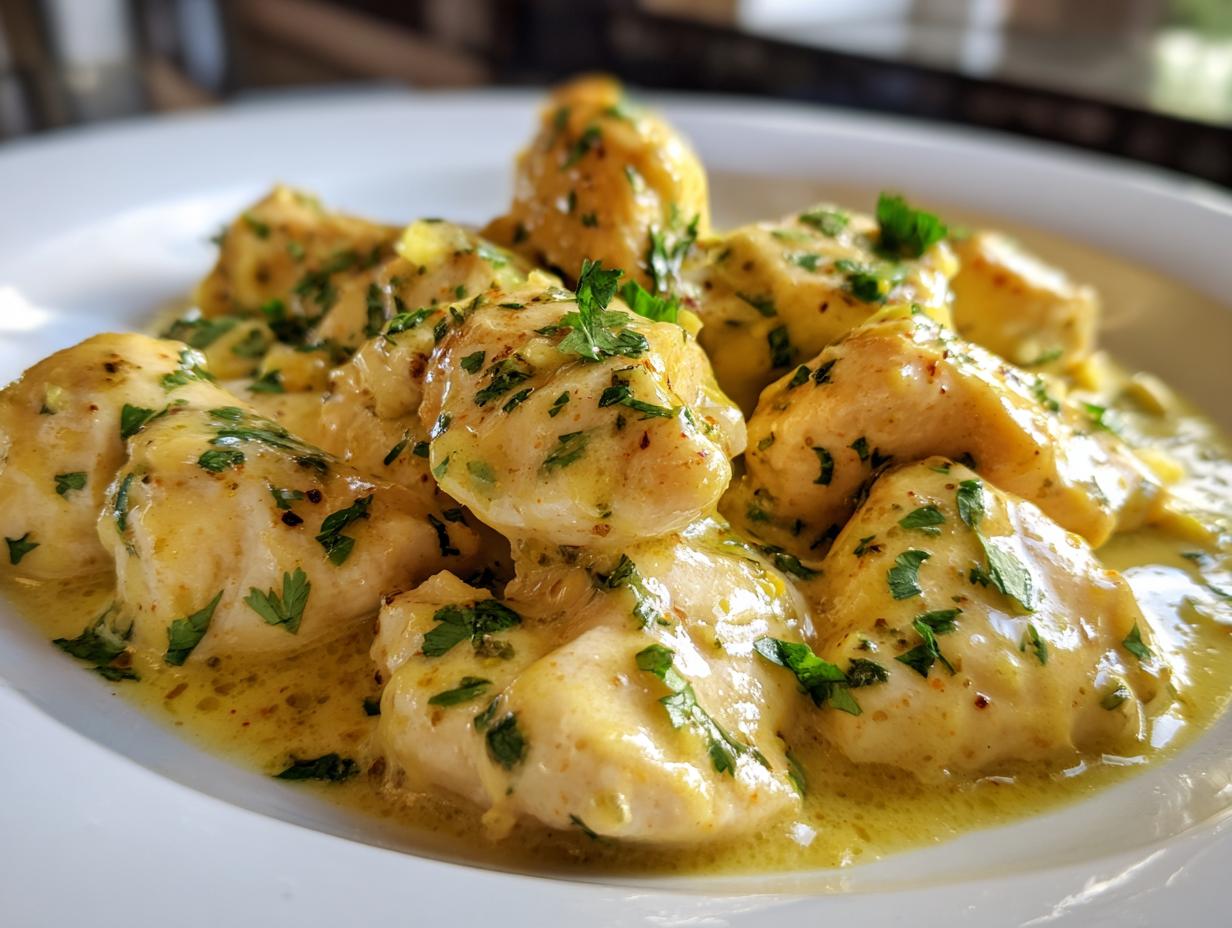 Close-up of tender pieces of coconut lime chicken coated in a rich, yellow sauce and garnished with fresh parsley.