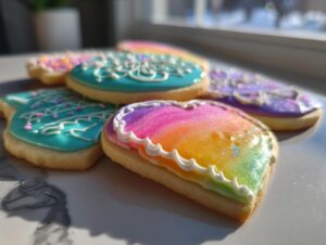 Close-up of sugar cookies decorated with vibrant, hardened sugar cookie icing in rainbow and teal colors.