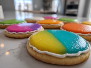 Close-up of colorful sugar cookies decorated with bright, hardened sugar cookie icing that has a smooth, glossy finish.